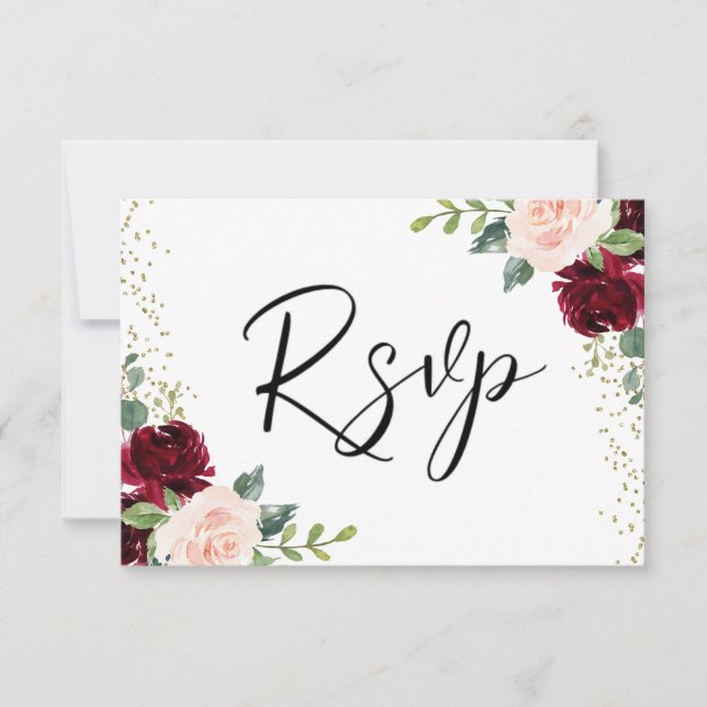 Burgund & Blush Blume Glitzer Hochzeit RSVP Karte (Vorderseite)