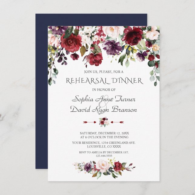 Burgund Blush Blume Navy Blue Probe Dinner Einladung (Vorne/Hinten)