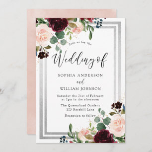 Burgund Blush Blume & Silver Spring Wedding Einladung