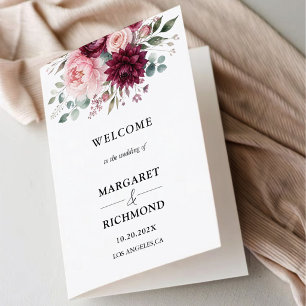 Burgund & Blush Blumen Hochzeitsprogramm gefaltet Karte