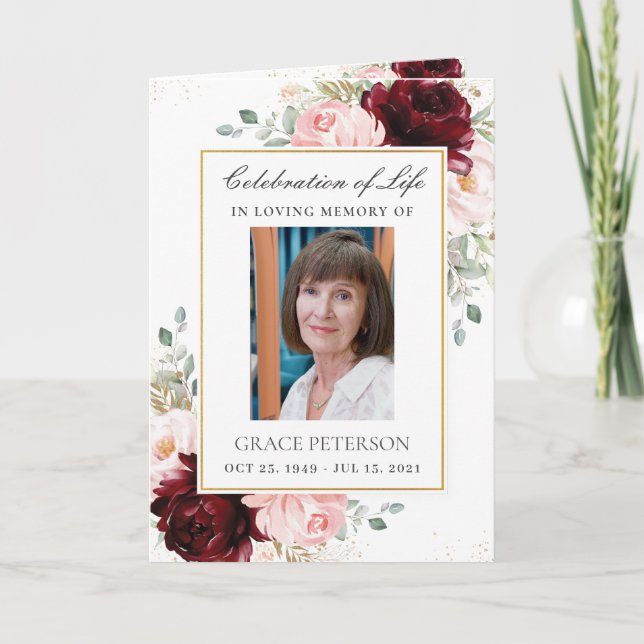 Burgund Blush Blumengrün Foto Beerdigung Programm (Vorderseite)
