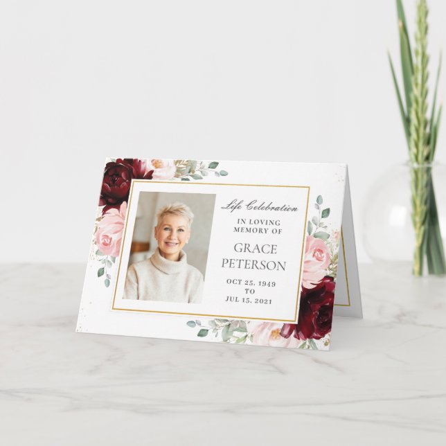 Burgund Blush Blumengrün Fotos Beerdigung Programm (Vorderseite)
