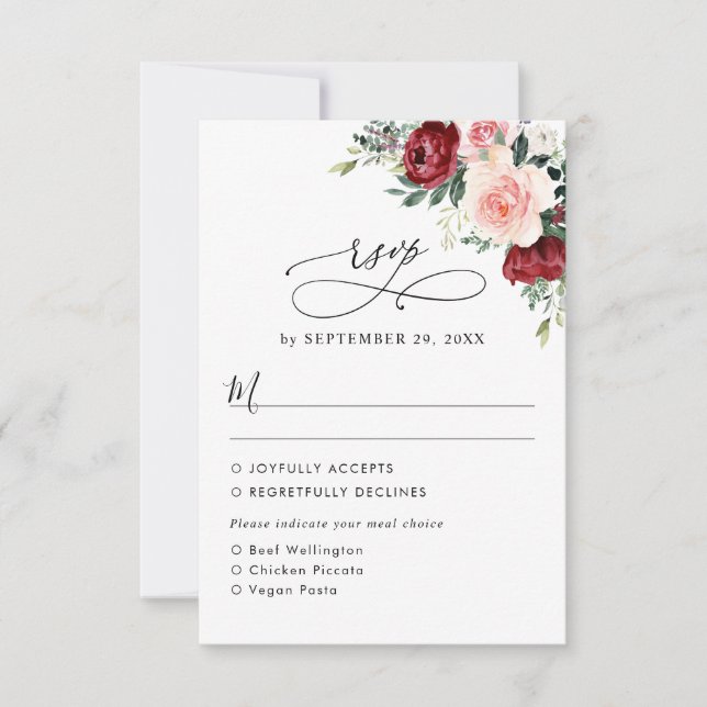 Burgund Blush Blumenmahlzeiten Optionen RSVP Karte (Vorderseite)
