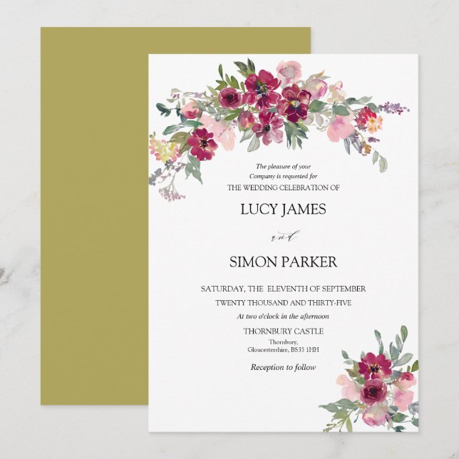 Burgund Blush Blumenstrauß Hochzeit Einladung (Vorne/Hinten)