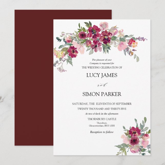 Burgund Blush Blumenstrauß Hochzeit Einladung (Vorne/Hinten)