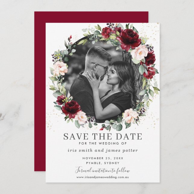 Burgund Blush Floral Foto Save the Date Karte (Vorne/Hinten)