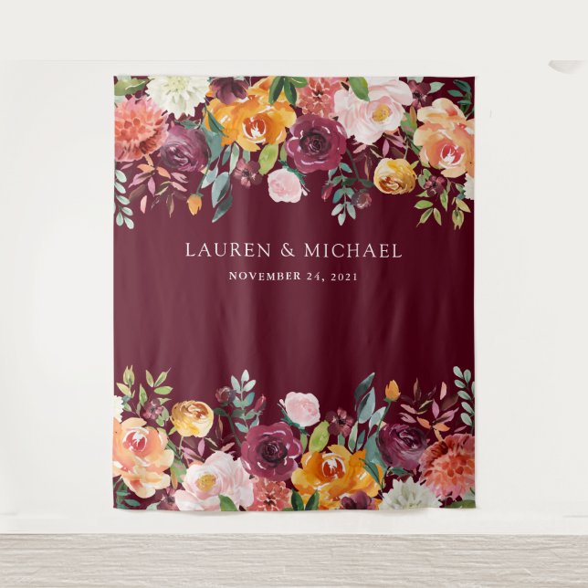 Burgund Blush Floral Hintergrund | Foto Booth Prop Wandteppich (Vorderseite)