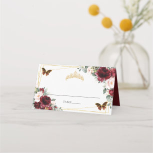 Burgund Blush Floral Quinceañera 16. Geburtstag Platzkarte