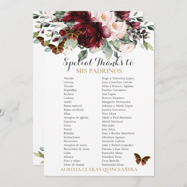 Burgund Blush Floral QUINCEAÑERA Padrinos Card (Vorne/Hinten)