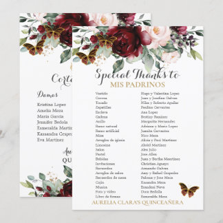 Burgund Blush Floral QUINCEAÑERA Padrinos Card