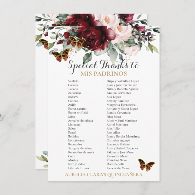 Burgund Blush Floral QUINCEAÑERA Padrinos Card Einladung (Vorne/Hinten)