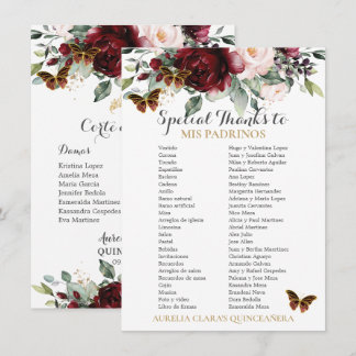 Burgund Blush Floral QUINCEAÑERA Padrinos Card Einladung