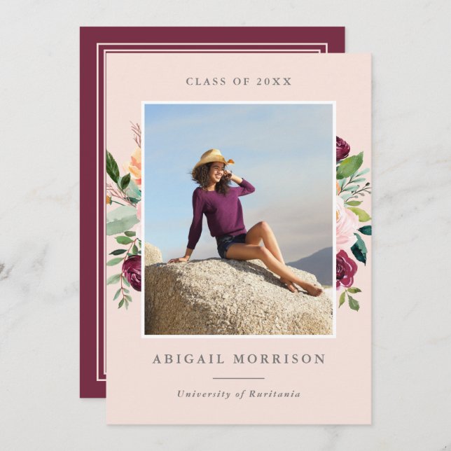 Burgund Blush Foto Graduation Party Einladung (Vorne/Hinten)