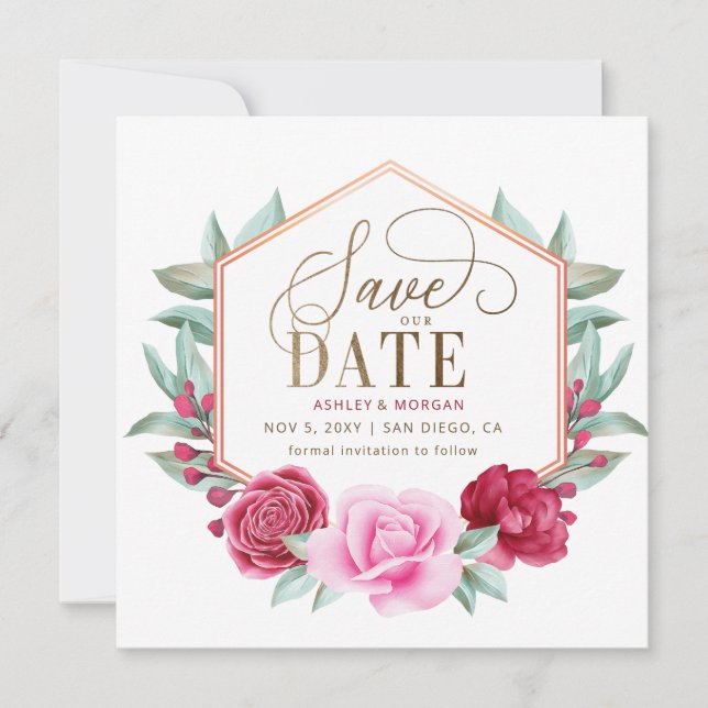 Burgund Blush Gold Floral Foto Save the Date Ankündigung (Vorderseite)