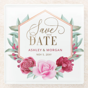 Burgund Blush Gold Floral Save the Date Glasuntersetzer