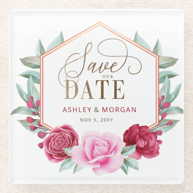 Burgund Blush Gold Floral Save the Date Glasuntersetzer (Vorderseite)