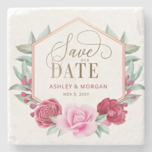 Burgund Blush Gold Floral Save the Date Steinuntersetzer