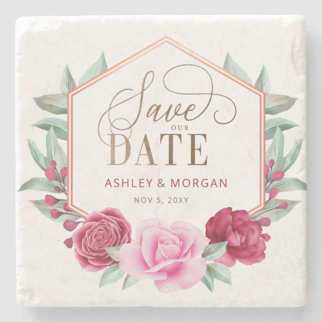 Burgund Blush Gold Floral Save the Date Steinuntersetzer (Vorderseite)