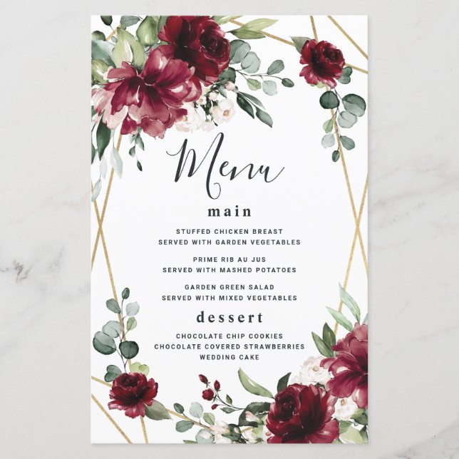 Burgund Blush Gold Greenerity Wedding Menu Cards (Vorderseite)
