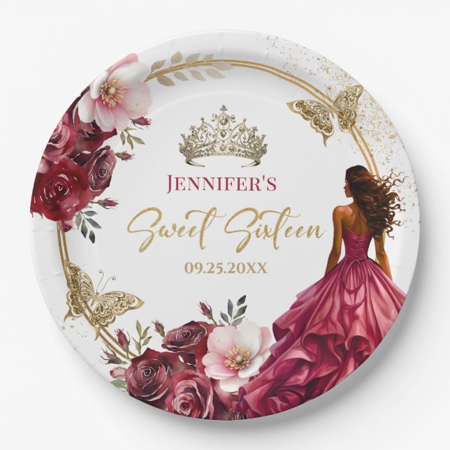 Burgund Blush Gold Prinzessin Blumensüß 16 Pappteller (Vorderseite)