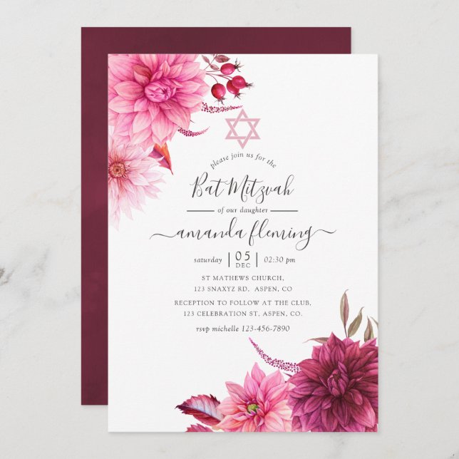Burgund & Blush Herbst Floral Bat Mitzvah Einladung (Vorne/Hinten)