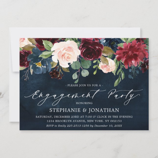 Burgund Blush Navy Blue Floral Engagement Party Einladung (Vorderseite)