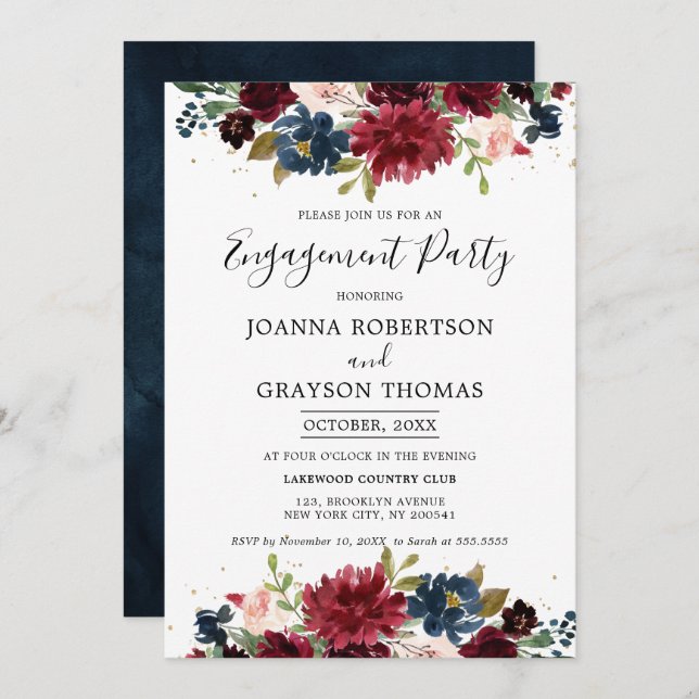 Burgund Blush Navy Blue Floral Engagement Party Einladung (Vorne/Hinten)