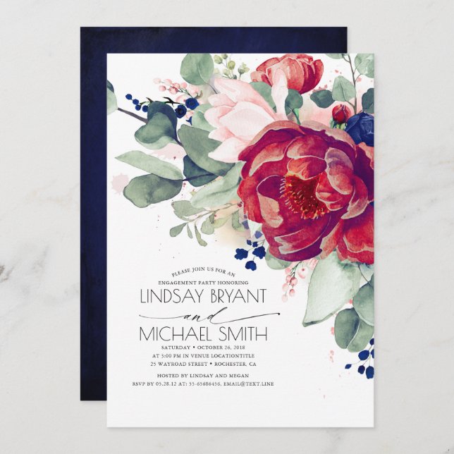 Burgund Blush Navy Blue Floral Engagement Party Einladung (Vorne/Hinten)