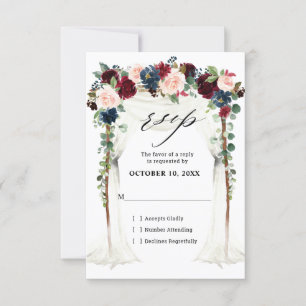 Burgund Blush Navy Floral Arch Canopy Hochzeit RSVP Karte