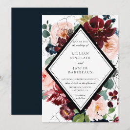 Burgund Blush Navy Painted Floral Wedding Einladung