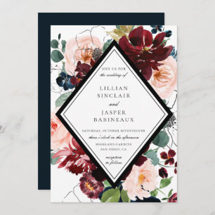 Burgund Blush Navy Painted Floral Wedding Einladung