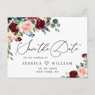 Burgund Blush Navy Rose Hochzeit speichern das Dat Postkarte