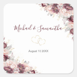 Burgund Blush Peony und Rose Hochzeit Quadratischer Aufkleber