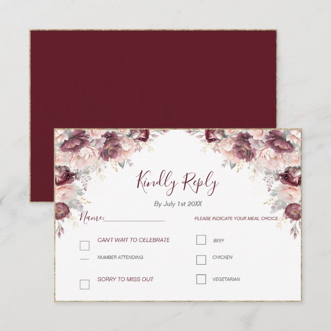 Burgund Blush Peony und Rose Hochzeit RSVP Karte (Vorne/Hinten)