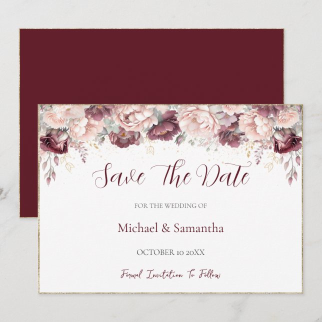 Burgund Blush Peony und Rose Hochzeit Save The Date (Vorne/Hinten)