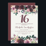 Burgund Blush Pink Bloral Blätter 16. Geburtstag Einladung<br><div class="desc">Elegantes bordeauxfarbenes und rot-rosa Aquarellblüten mit schlängelgrünen Blätter auf weißer 16. Geburtstagsfeier mit einem wunderschönen Kalligraphie-Script-Schriftart.</div>