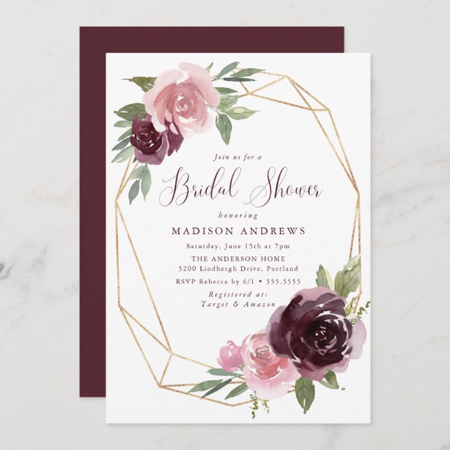 Burgund & Blush Pink Bloral | Brautparty Einladung (Vorne/Hinten)
