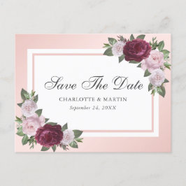 Burgund Blush Pink Bloral Save the Date Ankündigungspostkarte