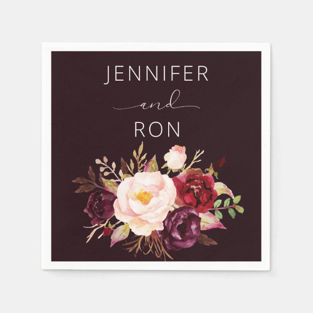 Burgund & Blush Pink Bloral - Schwarz Serviette (Vorderseite)