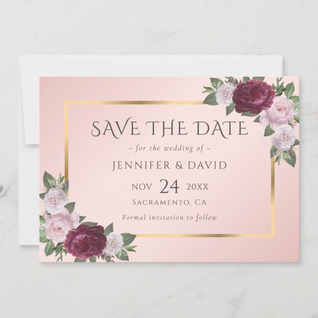 Burgund Blush Pink Gold Floral Save the Date (Vorderseite)