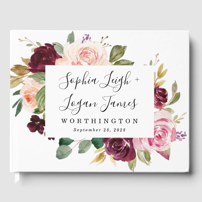 Burgund Blush Pink Peach Gold Floral Boho Hochzeit Gästebuch (Vorderseite)