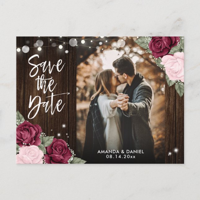 Burgund Blush Pink Wedding Foto Save the Date Ankündigungspostkarte (Vorderseite)