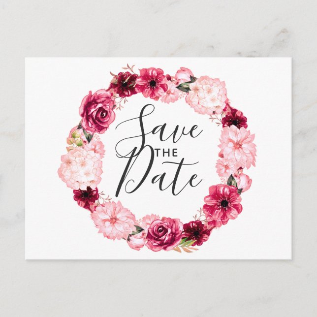 Burgund & Blush Rosa Blumenreath Save the Date Ankündigungspostkarte (Vorderseite)