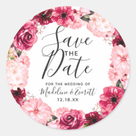 Burgund & Blush Rosa Blumenreath Save the Date Runder Aufkleber