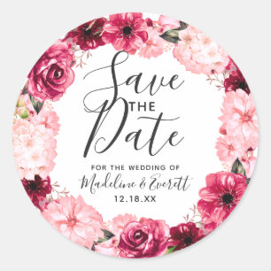 Burgund & Blush Rosa Blumenreath Save the Date Runder Aufkleber