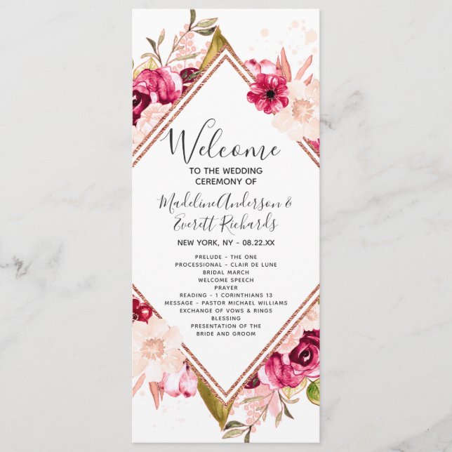 Burgund Blush Rose Gold Hochzeitsprogramm Programm (Vorderseite)