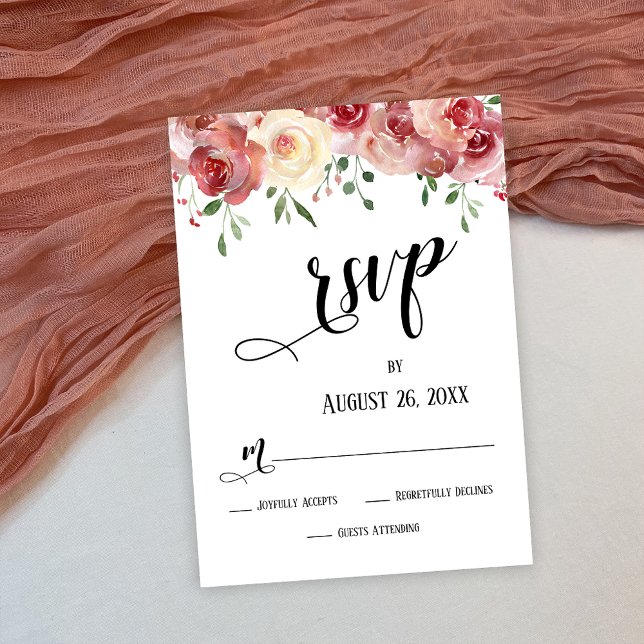 Burgund & Blush-Rose, Hochzeitsskript-RSVP-Karte RSVP Karte (Von Creator hochgeladen)
