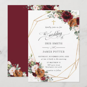 Burgund Blush Rost Orange Blumenkirche Hochzeit Einladung