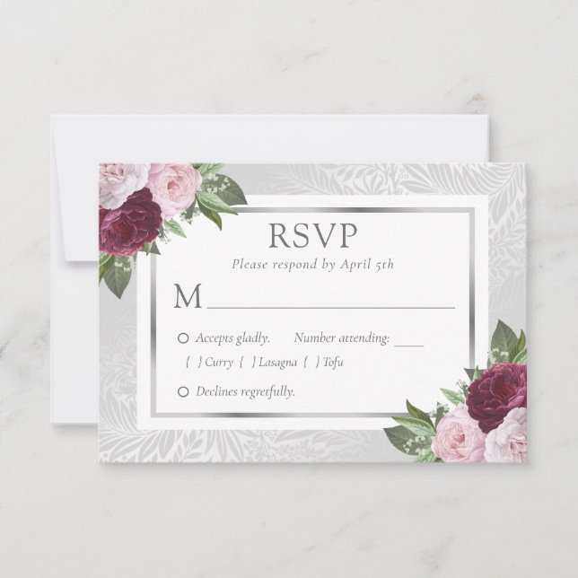 Burgund Blush Silver Floral Wedding RSVP Cards (Vorderseite)