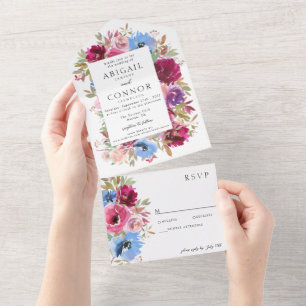 Burgund Blush Staubblau Elegant Floral All In One Einladung